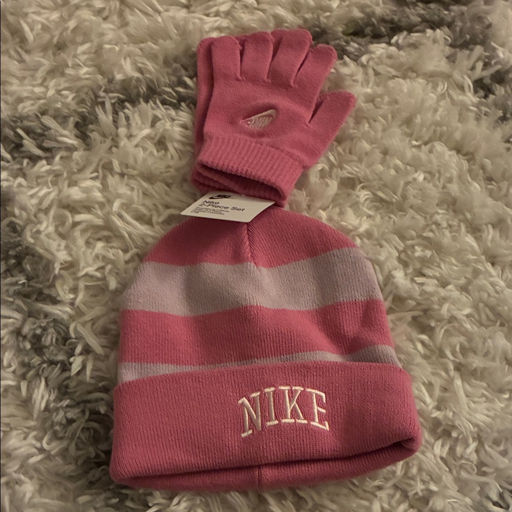 Nike Kids Pink and Gray Striped Beanie and Gloves